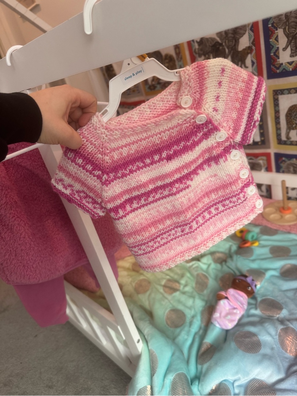 Hand-Knit Pink Striped Baby/Kids Button Shoulder Sweater